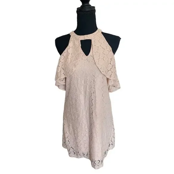 Candies Heart Lace Light Pink Cold Shoulder Peak a Boo Sleeve Dress Sz Small - Picture 1 of 8